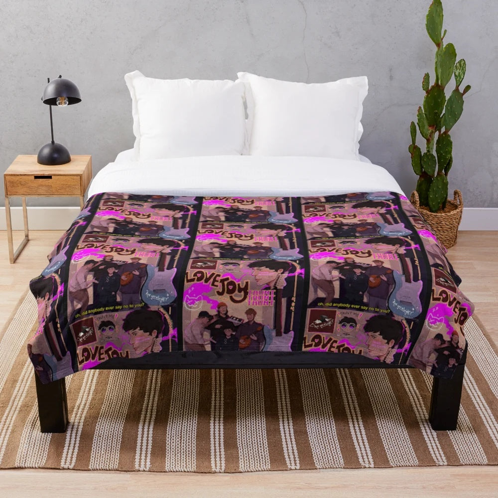 Lovejoy band plush blanket featuring the band's logo and artwork