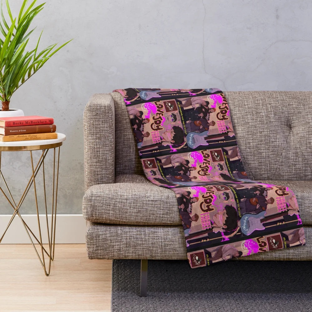 Lovejoy band plush blanket featuring the band's logo and artwork