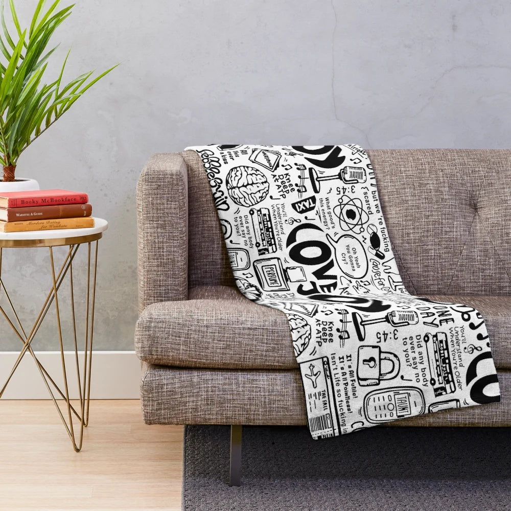Lovejoy-inspired plush blanket with doodle pattern