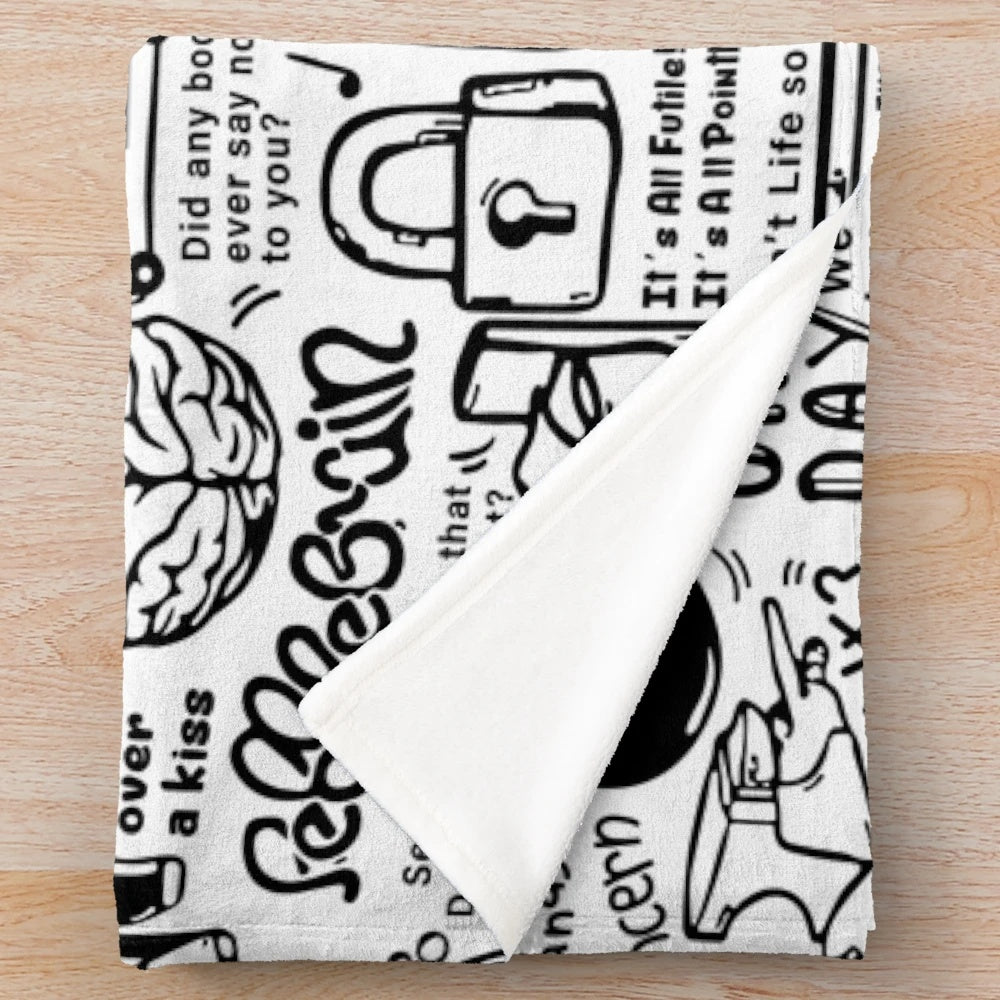 Lovejoy-inspired plush blanket with doodle pattern