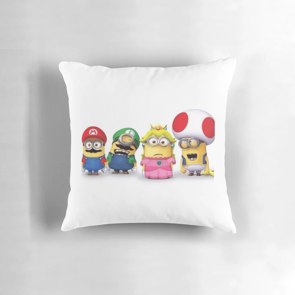 Colorful minions t-shirt design printed on a soft, plush pillow with Super Mario characters
