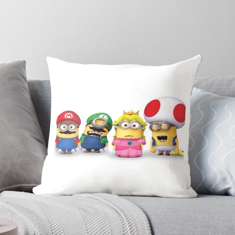 Colorful minions t-shirt design printed on a soft, plush pillow with Super Mario characters