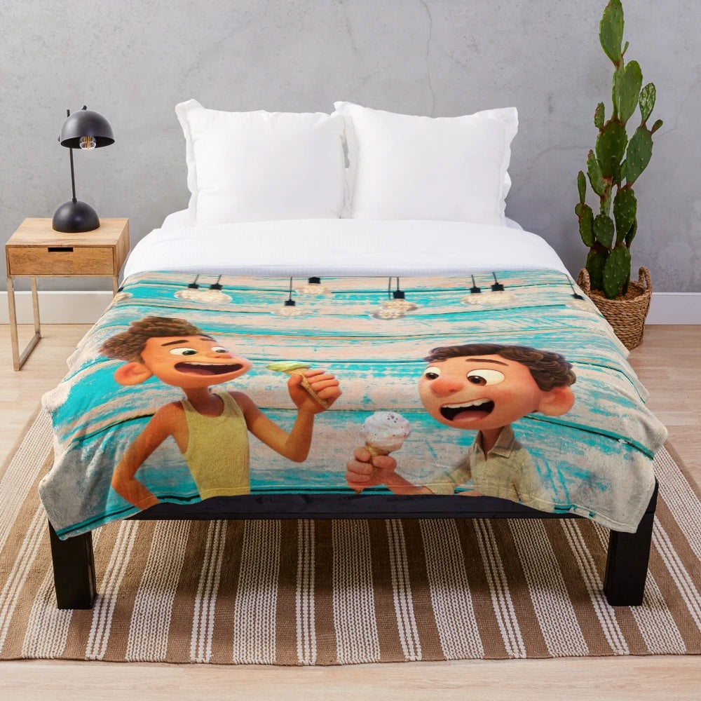 Luca movie Pixar inspired plush blanket featuring characters and beach scenery