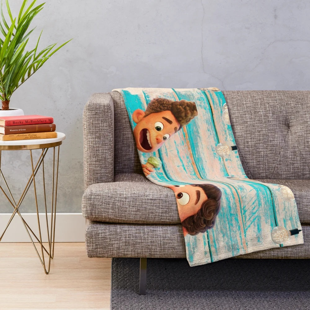 Luca movie Pixar inspired plush blanket featuring characters and beach scenery