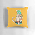 A plush, colorful pillow featuring a luchador-style cat, perfect for adding a playful touch to any living space.