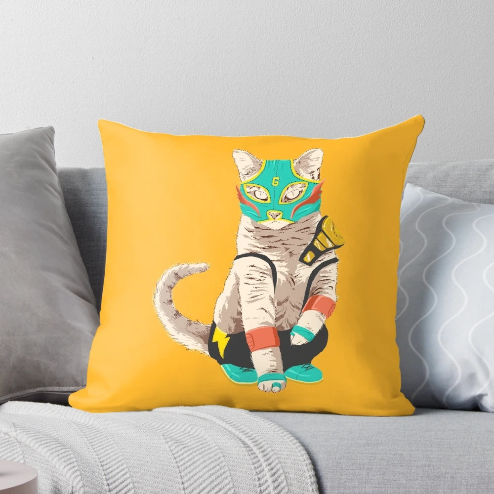 A plush, colorful pillow featuring a luchador-style cat, perfect for adding a playful touch to any living space.