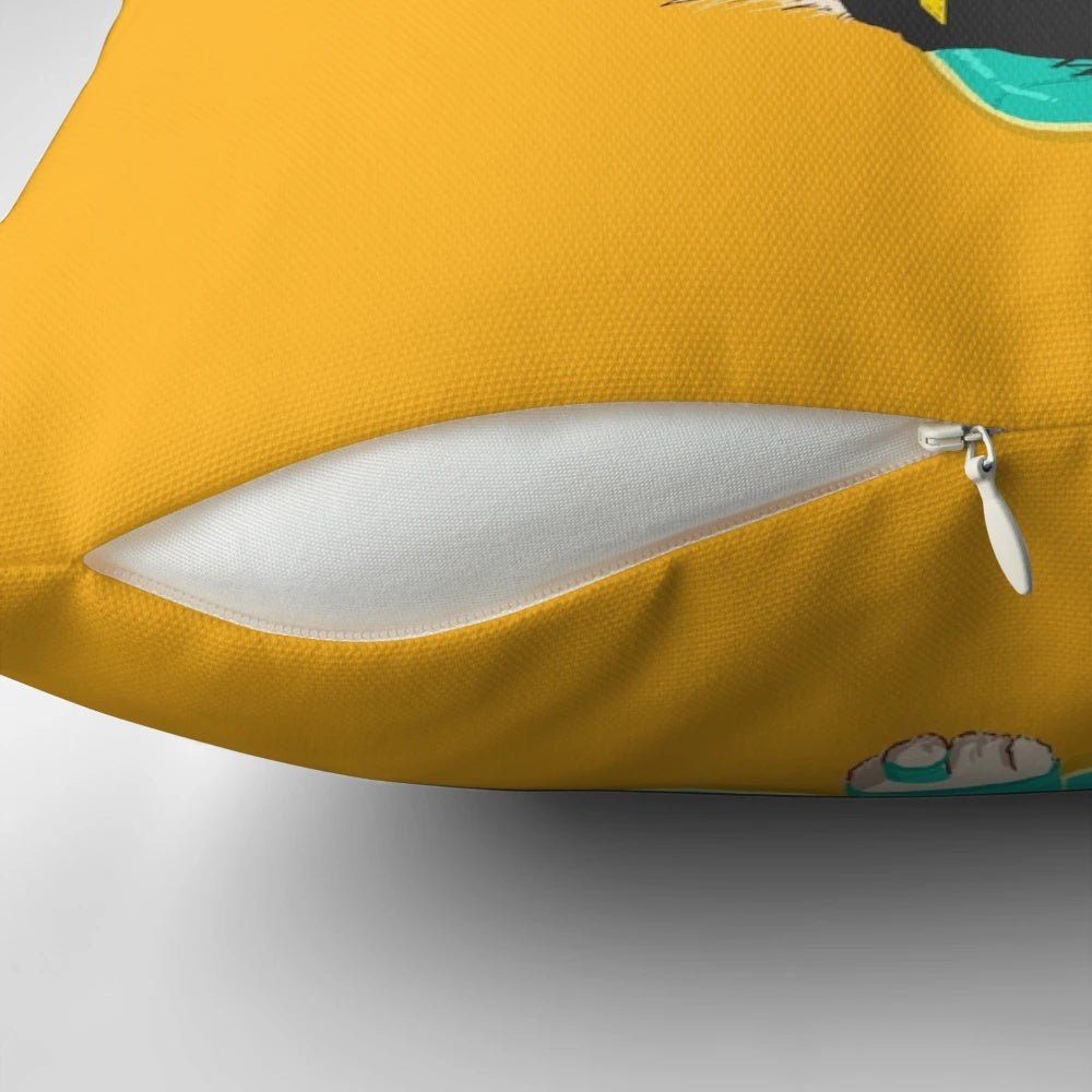 A plush, colorful pillow featuring a luchador-style cat, perfect for adding a playful touch to any living space.