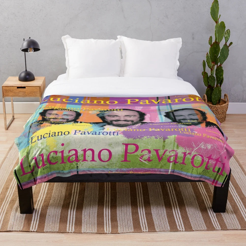 Luciano Pavarotti portrait plush blanket featuring colorful digital collage design