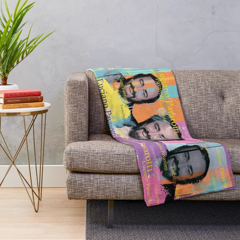 Luciano Pavarotti portrait plush blanket featuring colorful digital collage design