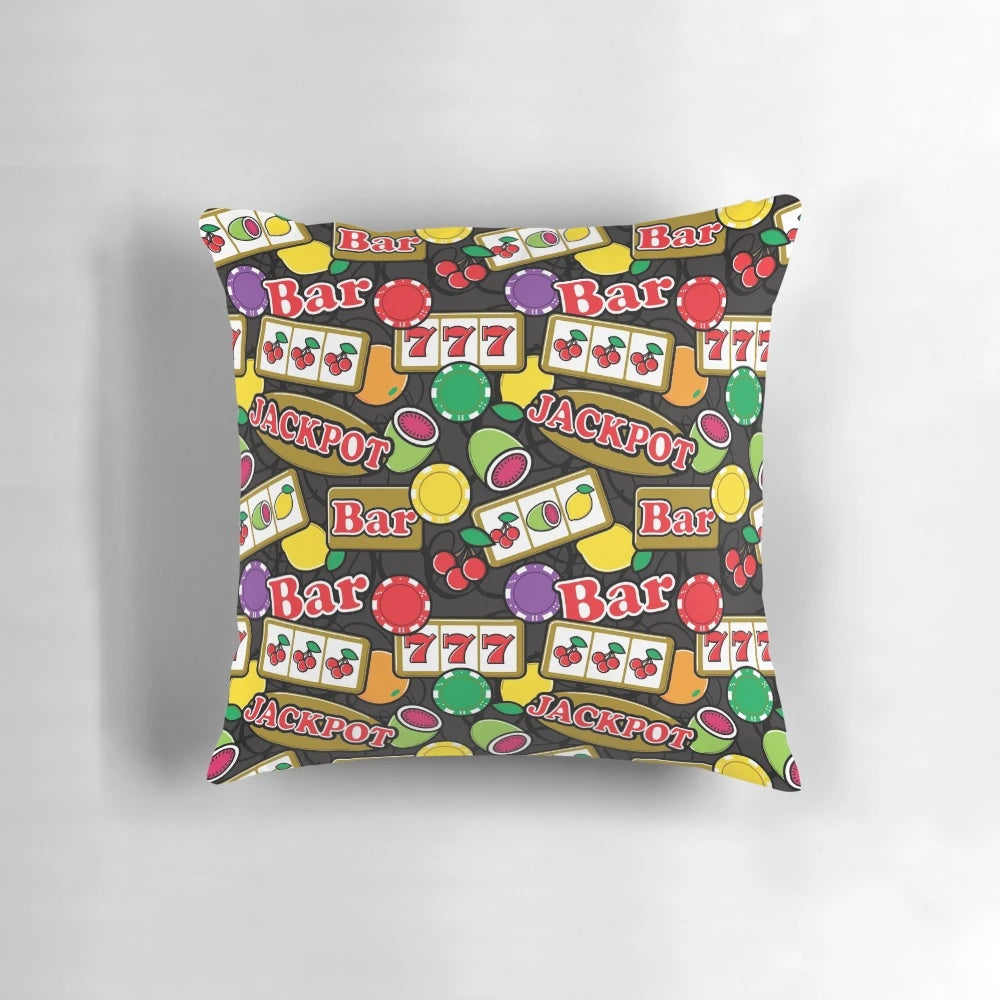 A colorful pillow featuring a vibrant slot machine graphic with cherries, lucky symbols, and a casino theme.