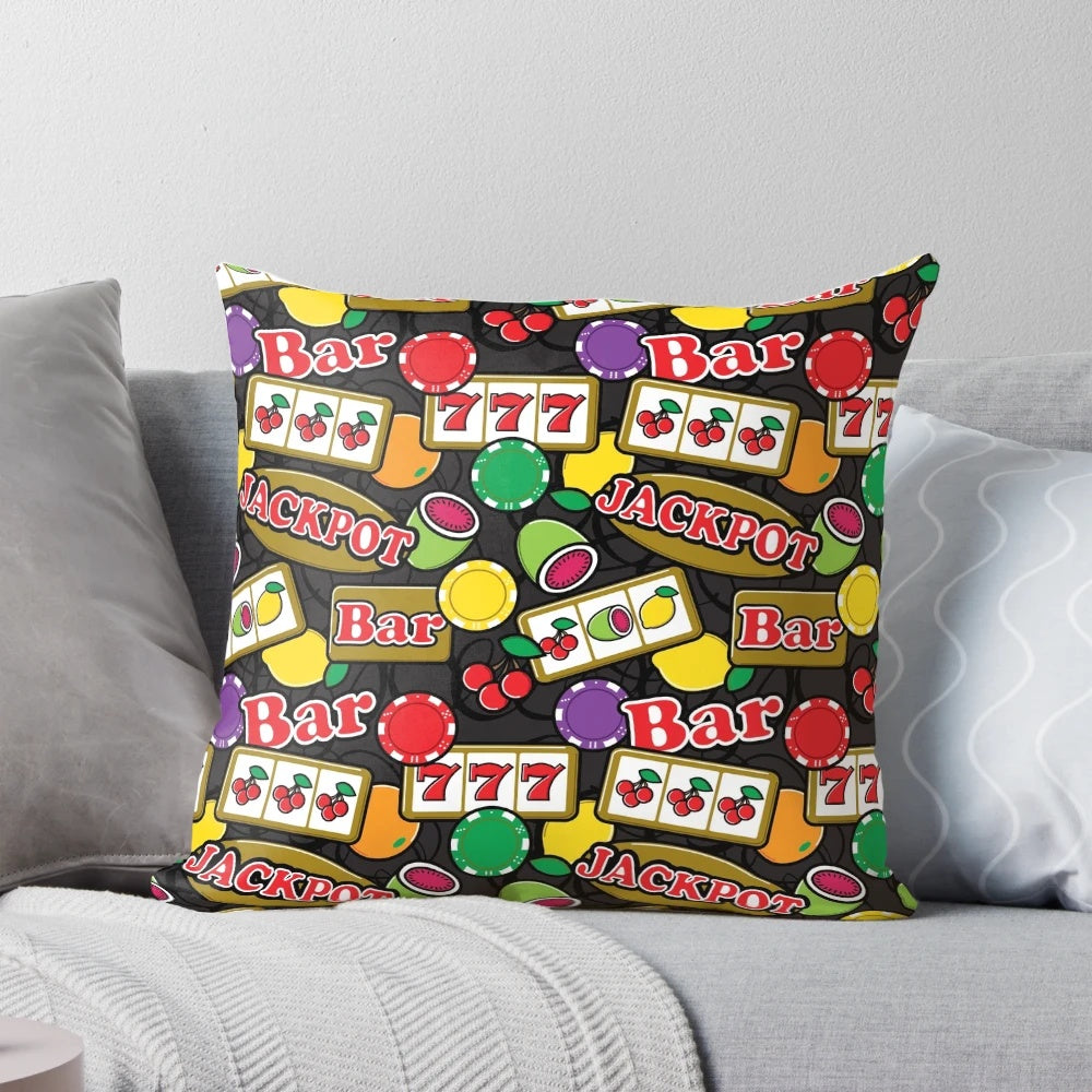 A colorful pillow featuring a vibrant slot machine graphic with cherries, lucky symbols, and a casino theme.