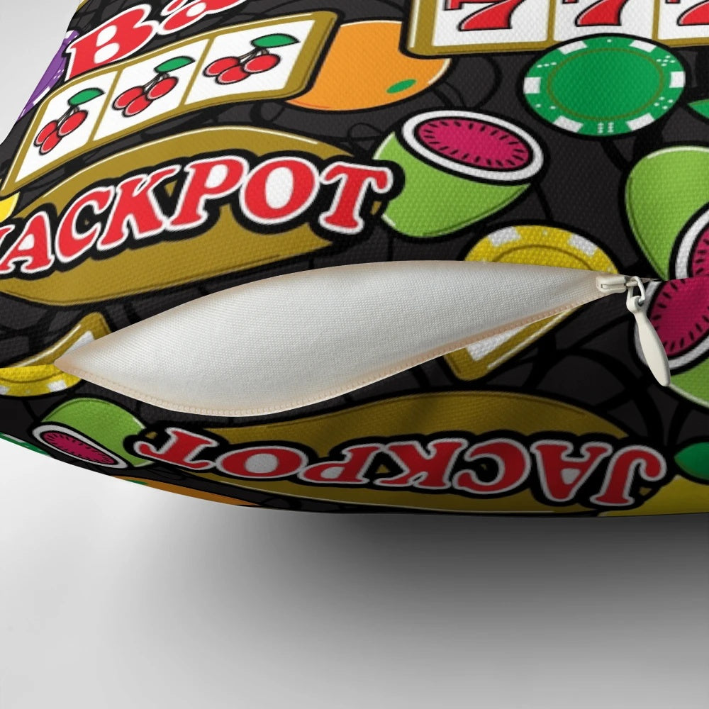 A colorful pillow featuring a vibrant slot machine graphic with cherries, lucky symbols, and a casino theme.
