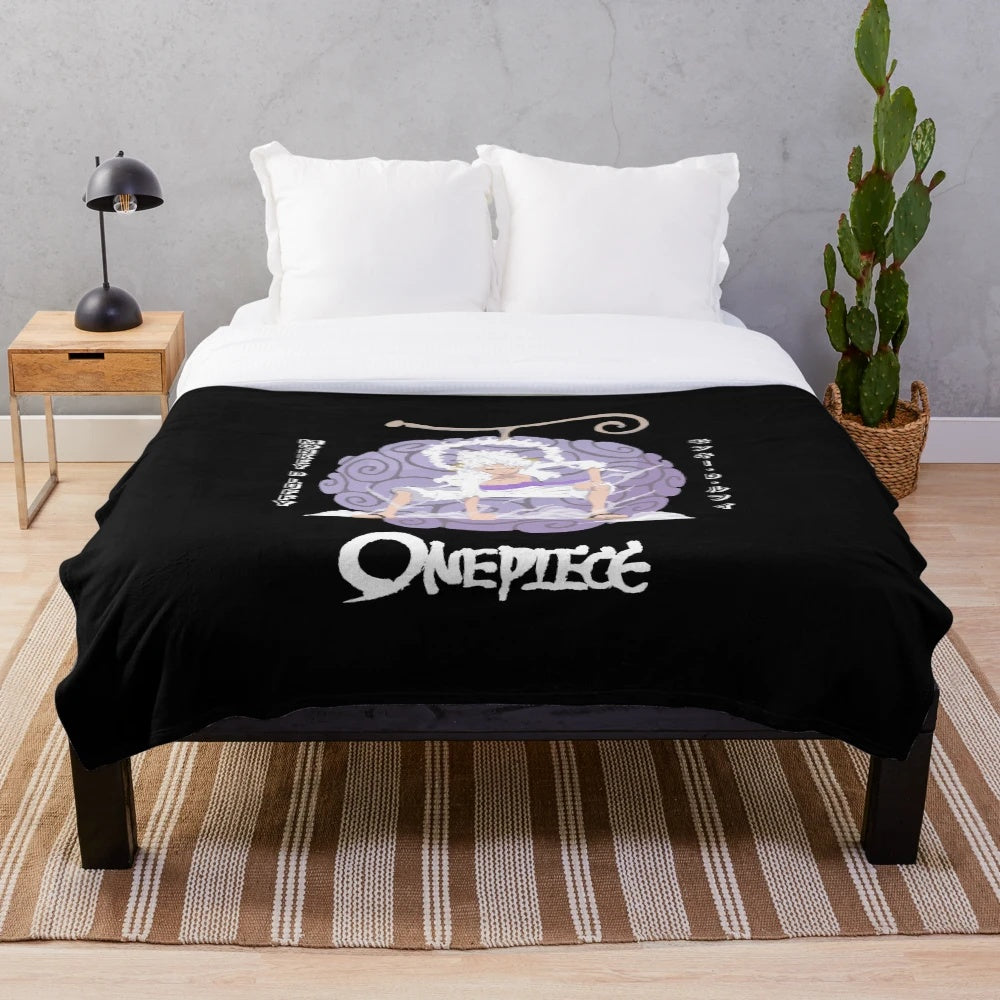Luffy Gear 5 inspired plush blanket featuring the iconic Straw Hat Pirate