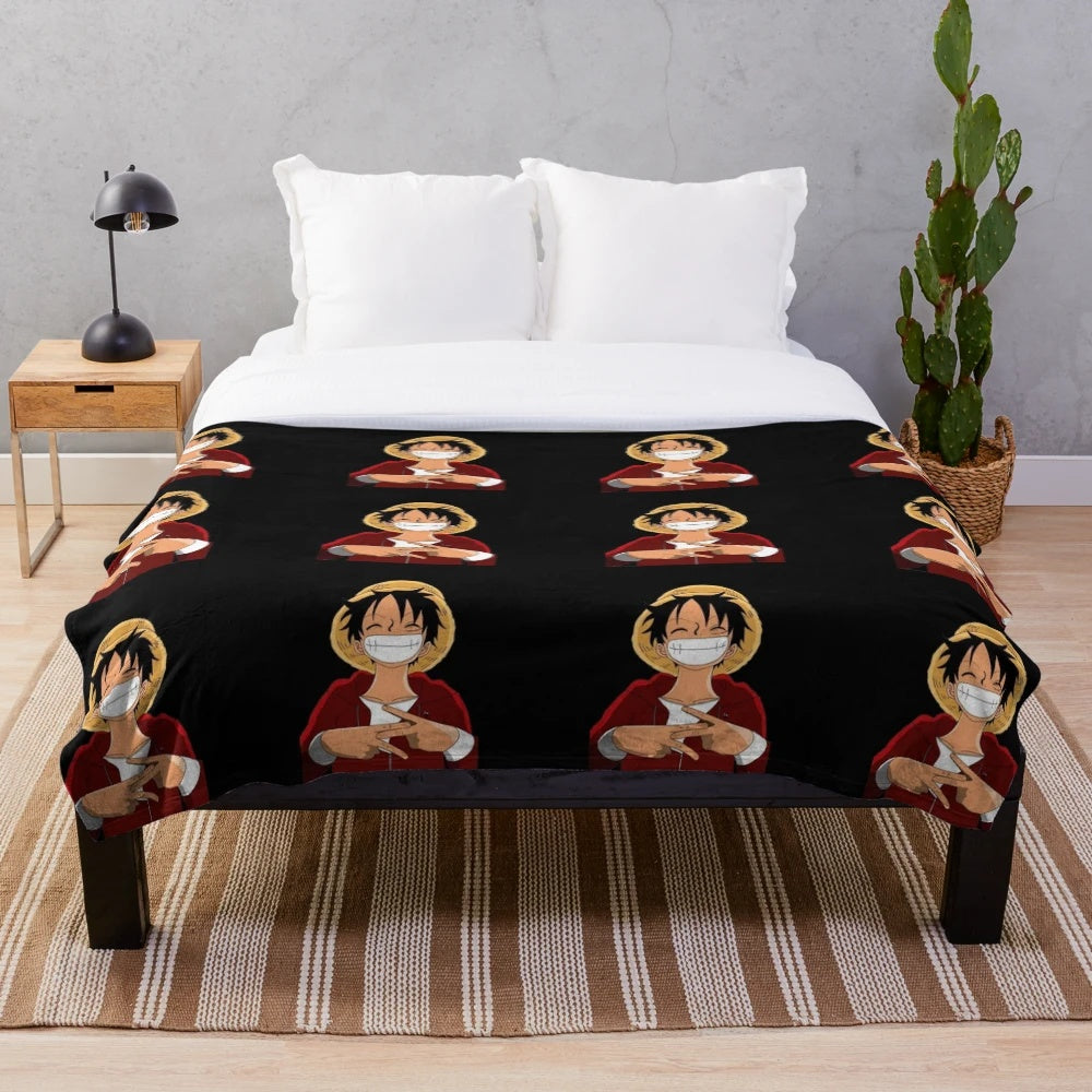 Luffy inspired plush blanket featuring the beloved Straw Hat Pirates from One Piece anime
