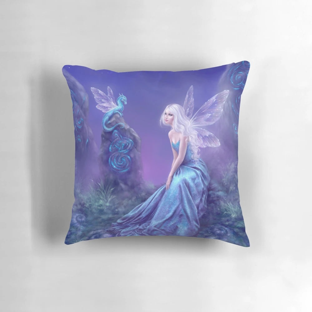 Luminescent fairy and dragon fantasy art pillow with moon, wings, and celtic knot design