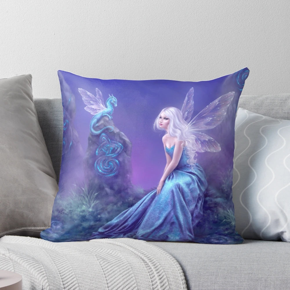Luminescent fairy and dragon fantasy art pillow with moon, wings, and celtic knot design