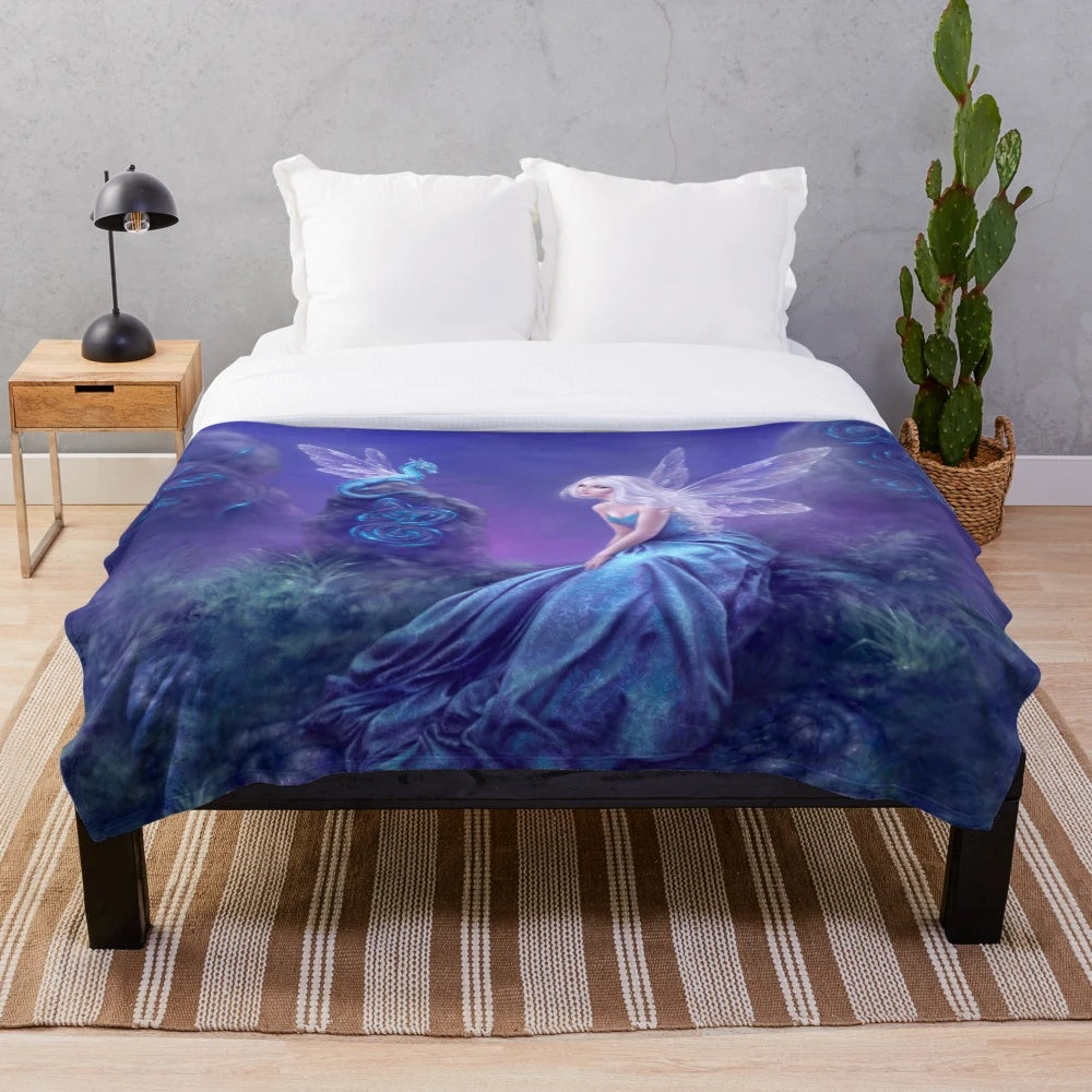 Luminescent fantasy art plush blanket featuring a whimsical fairy and dragon design.