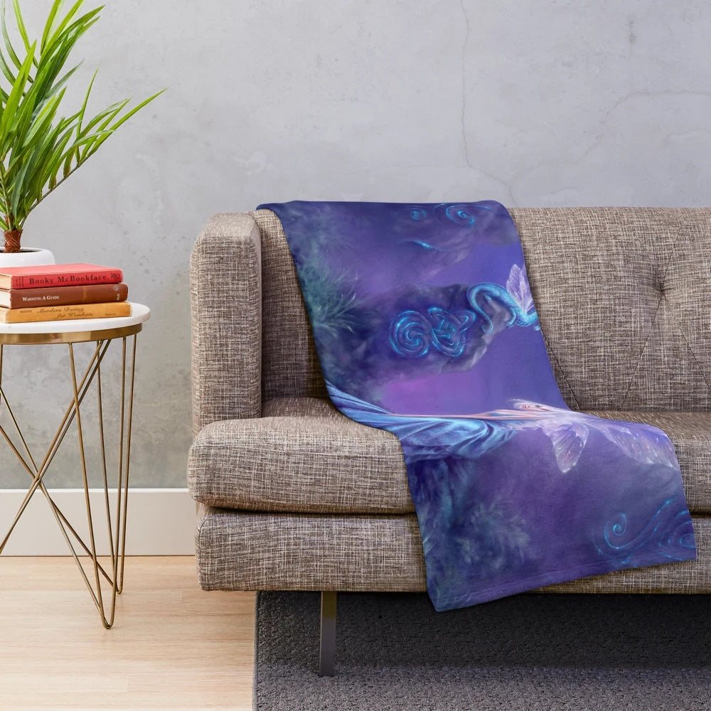 Luminescent fantasy art plush blanket featuring a whimsical fairy and dragon design.