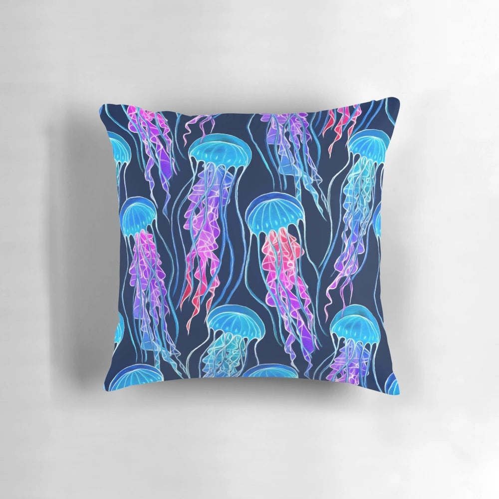 Luminescent rainbow jellyfish design on a navy blue pillow, showcasing vibrant colors and a bioluminescent glow.