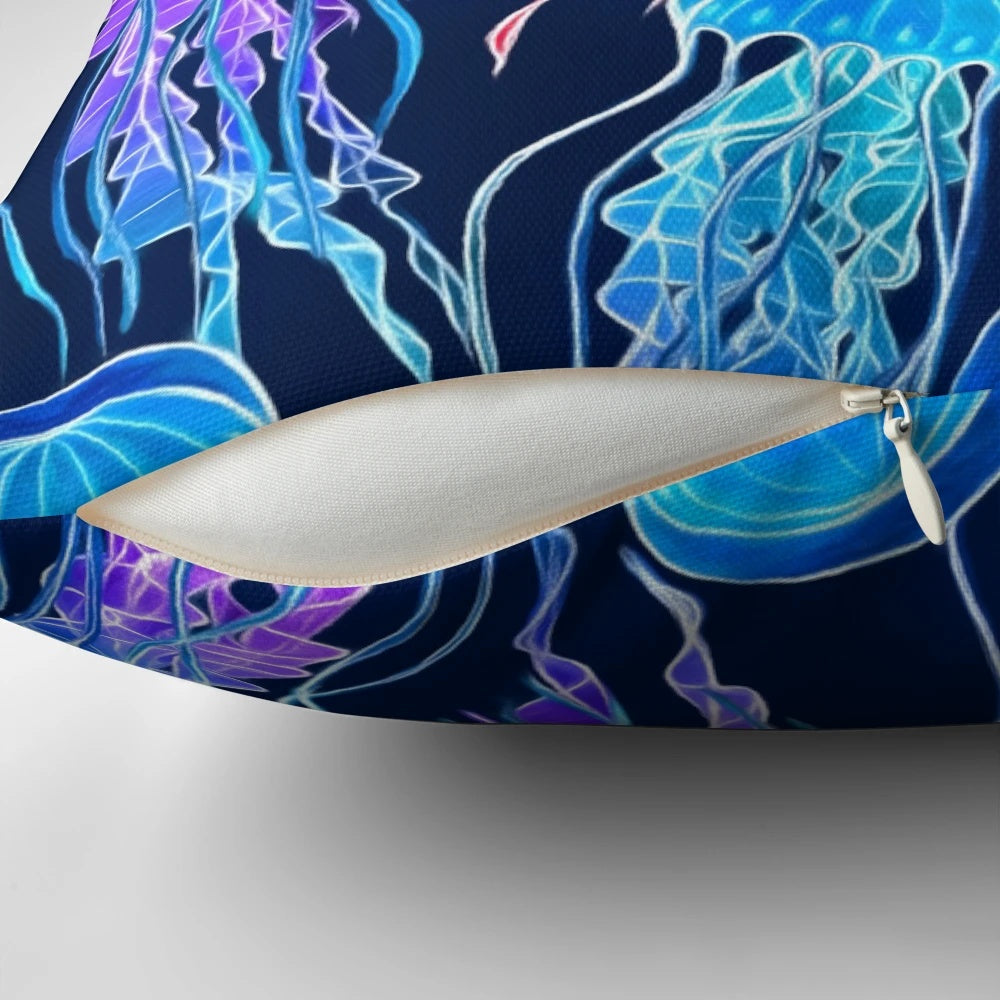 Luminescent rainbow jellyfish design on a navy blue pillow, showcasing vibrant colors and a bioluminescent glow.