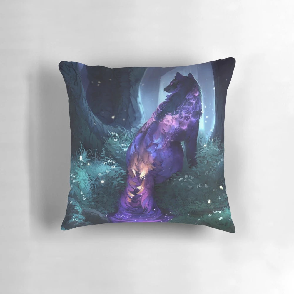 Luminous mystical galaxy pillow featuring a cosmic forest scene with a wolf, stars, and clockbirds