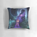 Luminous mystical galaxy pillow featuring a cosmic forest scene with a wolf, stars, and clockbirds