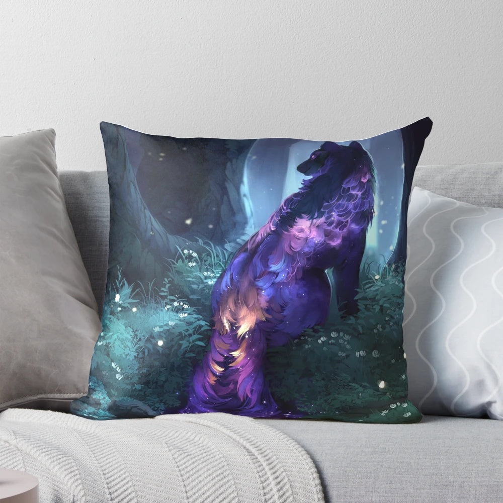 Luminous mystical galaxy pillow featuring a cosmic forest scene with a wolf, stars, and clockbirds