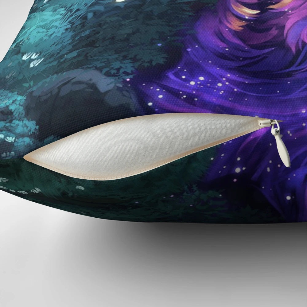Luminous mystical galaxy pillow featuring a cosmic forest scene with a wolf, stars, and clockbirds