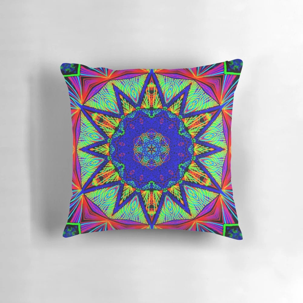 A vibrant, glowing pillow featuring a mesmerizing psychedelic mandala design that evokes a sense of freedom and magic.