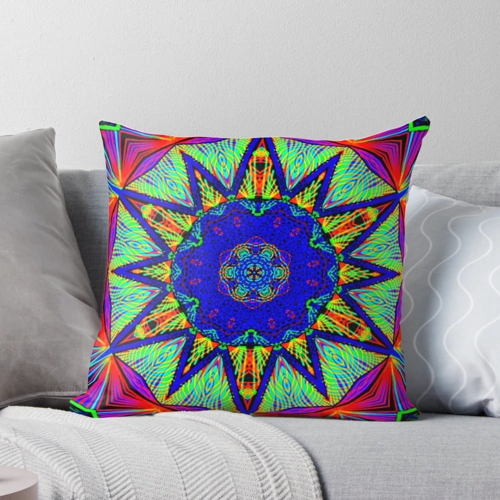 A vibrant, glowing pillow featuring a mesmerizing psychedelic mandala design that evokes a sense of freedom and magic.