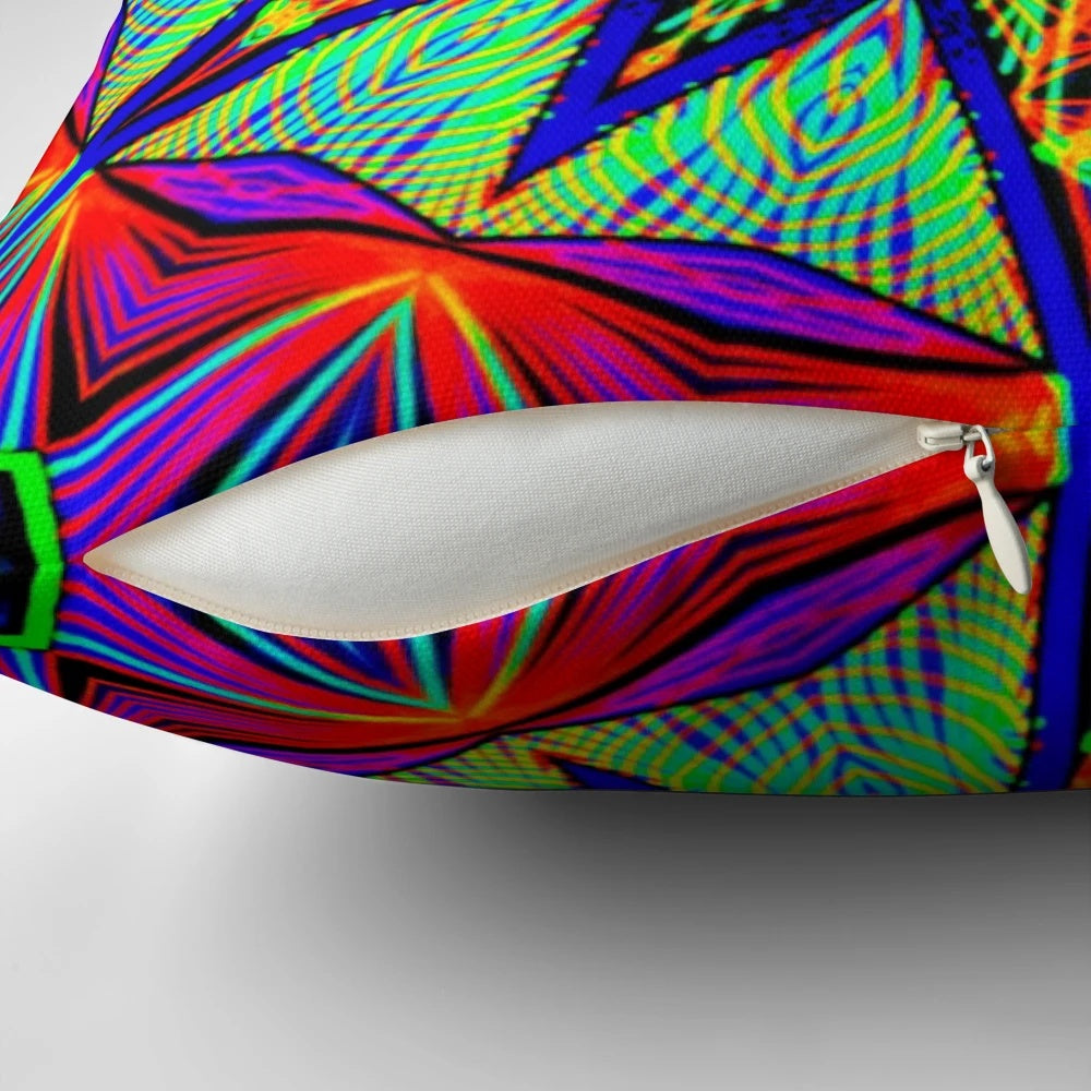 A vibrant, glowing pillow featuring a mesmerizing psychedelic mandala design that evokes a sense of freedom and magic.