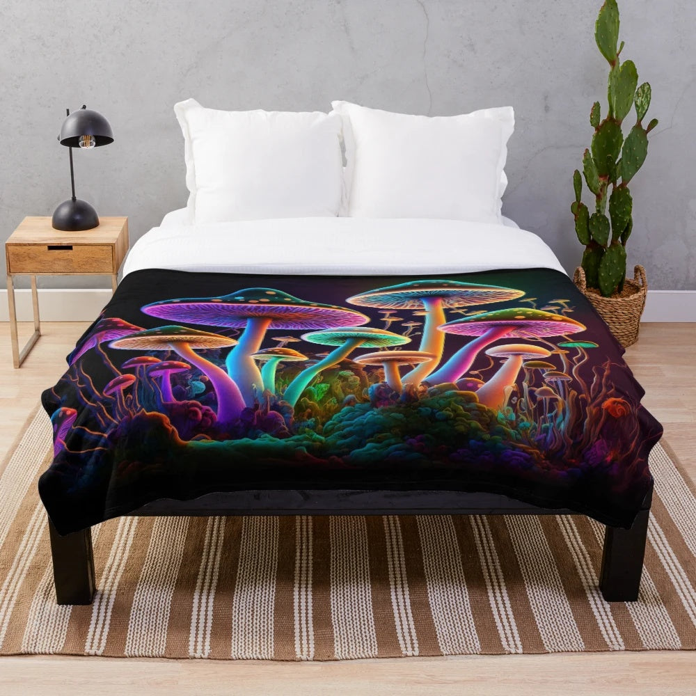 Glowing psychedelic mushroom plush blanket for trippy home decor