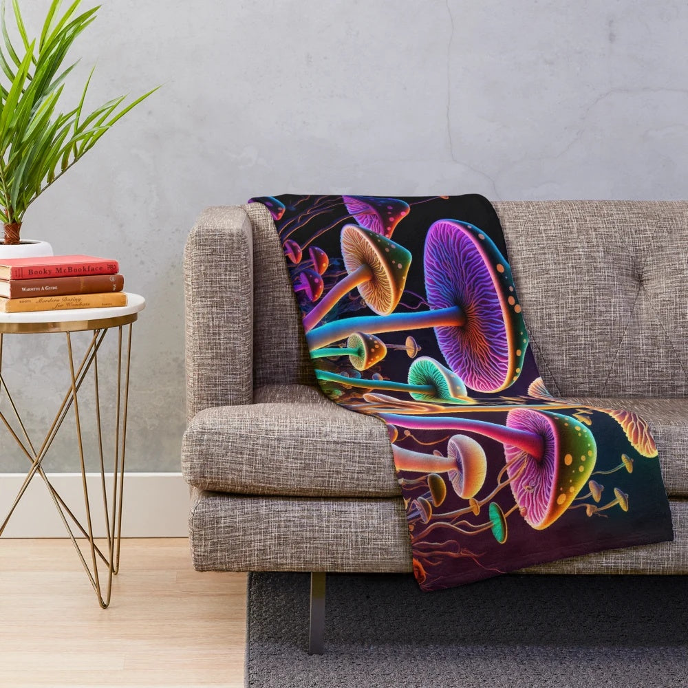 Glowing psychedelic mushroom plush blanket for trippy home decor