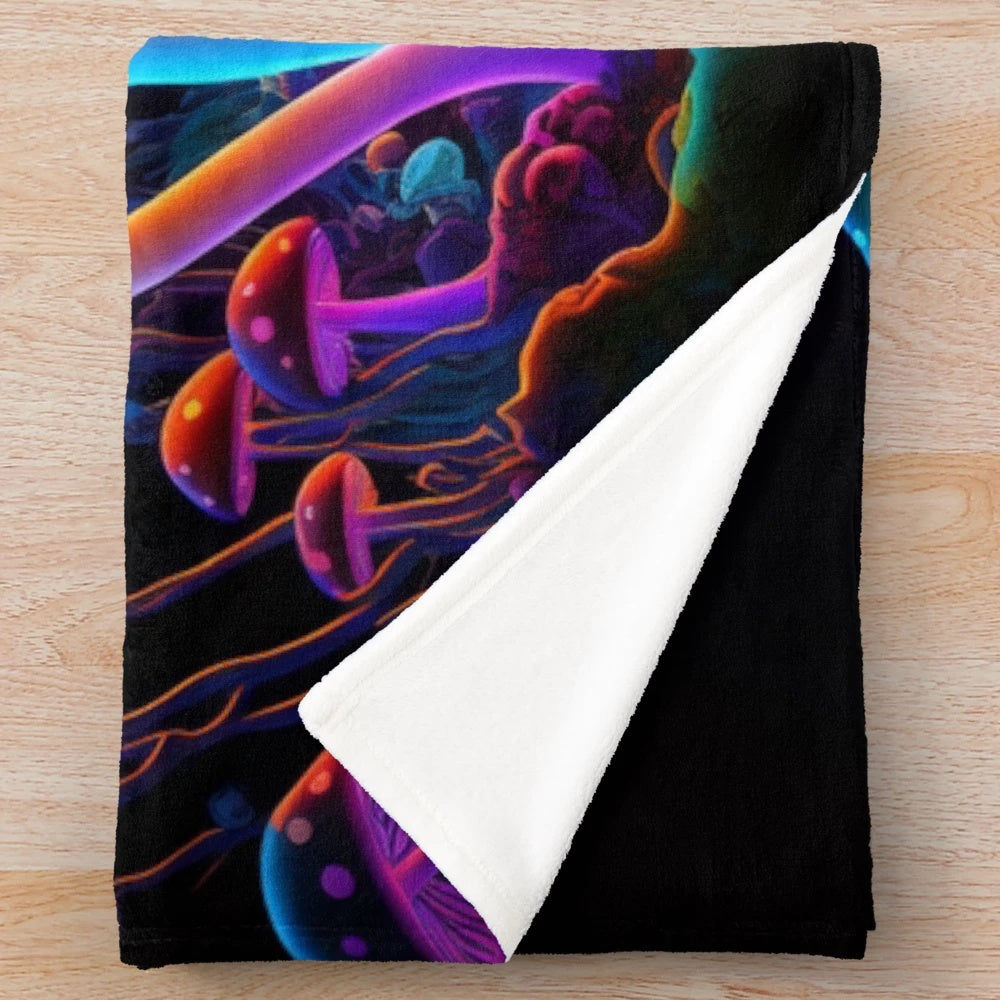 Glowing psychedelic mushroom plush blanket for trippy home decor