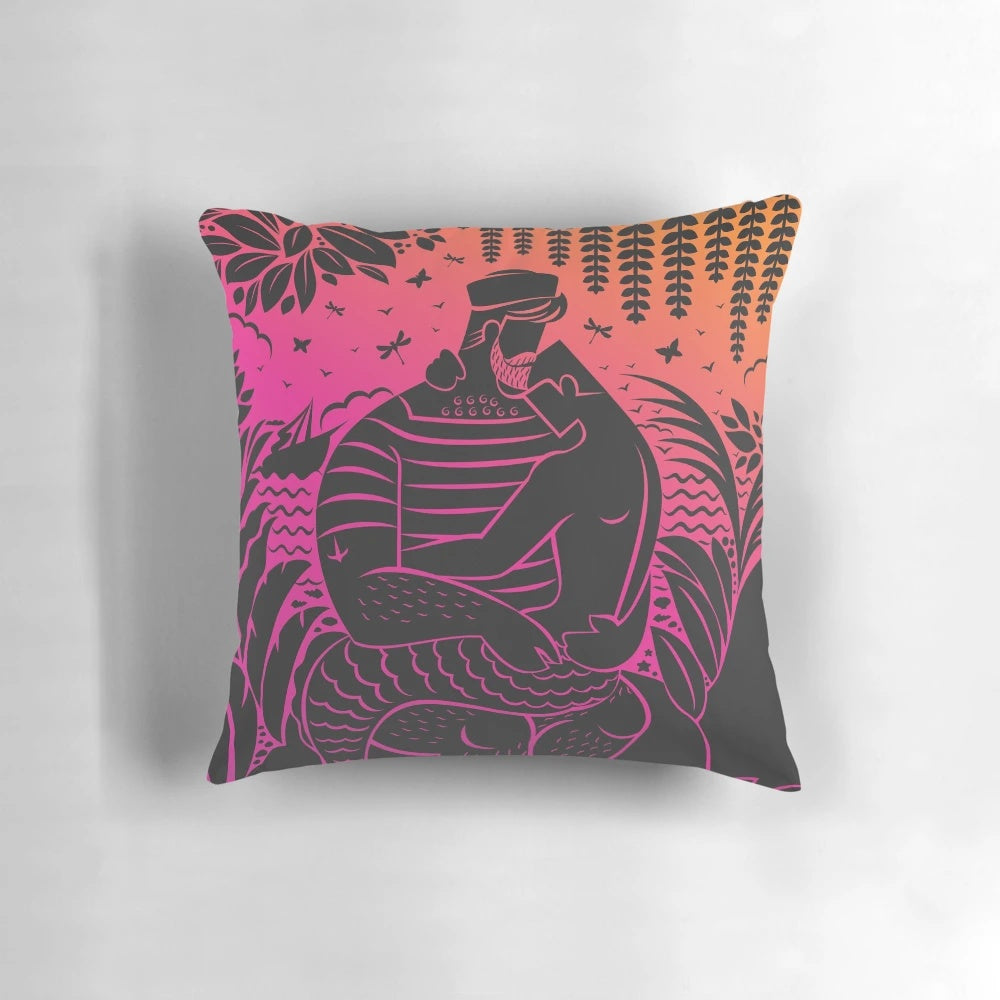 Vibrant sunset-themed pillow featuring a sailor daddy design, perfect for LGBTQ+ home decor