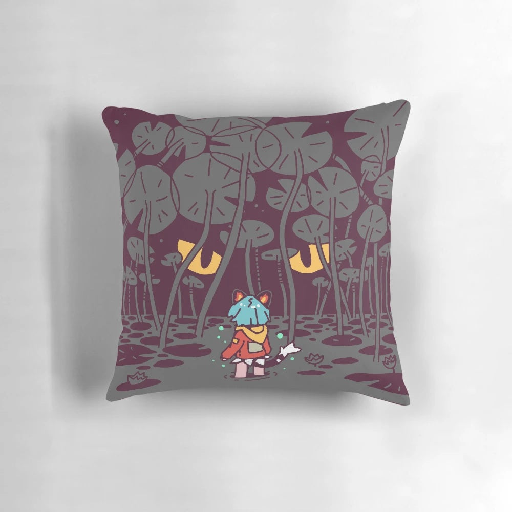 A colorful and whimsical pillow featuring a hidden monster lurking in a swampy forest scene.