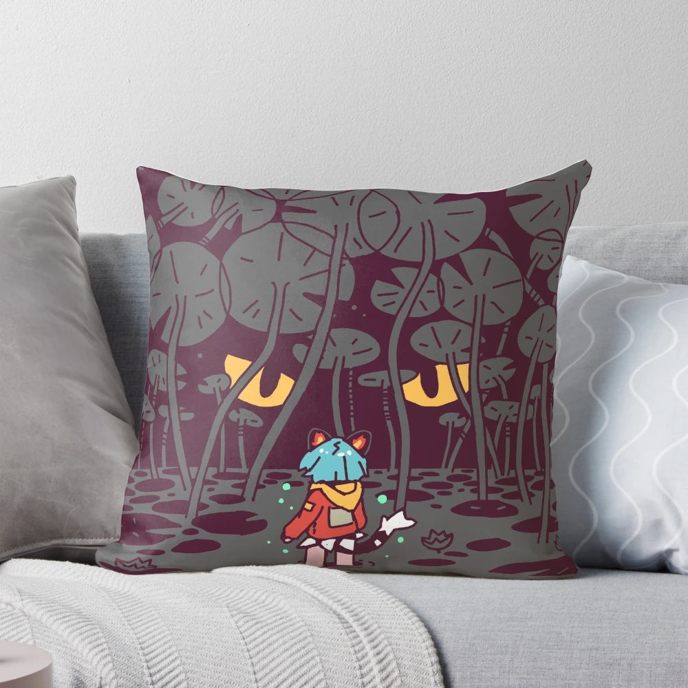 A colorful and whimsical pillow featuring a hidden monster lurking in a swampy forest scene.