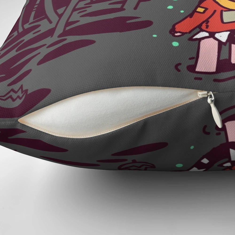 A colorful and whimsical pillow featuring a hidden monster lurking in a swampy forest scene.