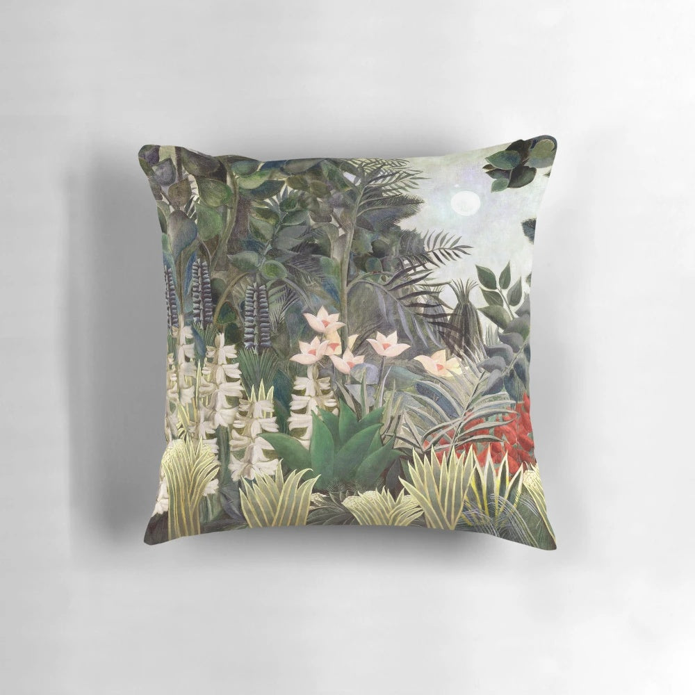 A vibrant pillow featuring Henri Rousseau's iconic "The Equatorial Jungle" painting, showcasing a surreal, primitive jungle landscape with lush foliage and exotic wildlife.