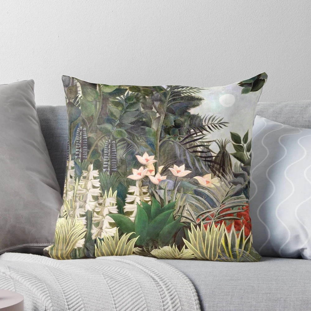 A vibrant pillow featuring Henri Rousseau's iconic "The Equatorial Jungle" painting, showcasing a surreal, primitive jungle landscape with lush foliage and exotic wildlife.