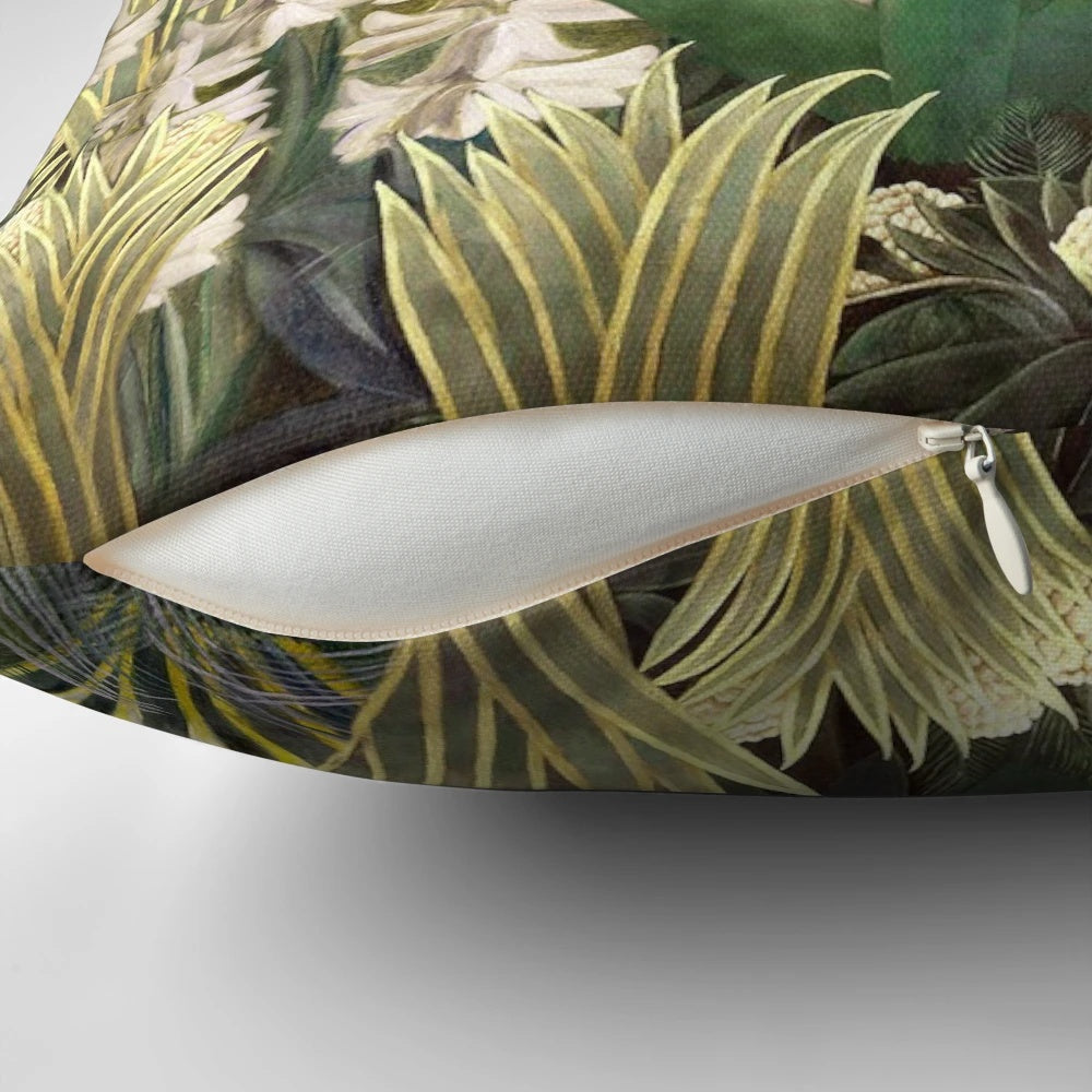 A vibrant pillow featuring Henri Rousseau's iconic "The Equatorial Jungle" painting, showcasing a surreal, primitive jungle landscape with lush foliage and exotic wildlife.