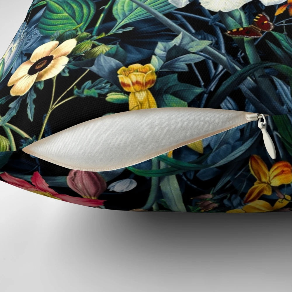 Vibrant botanical print pillow featuring a lush, tropical garden design for nature-inspired home décor