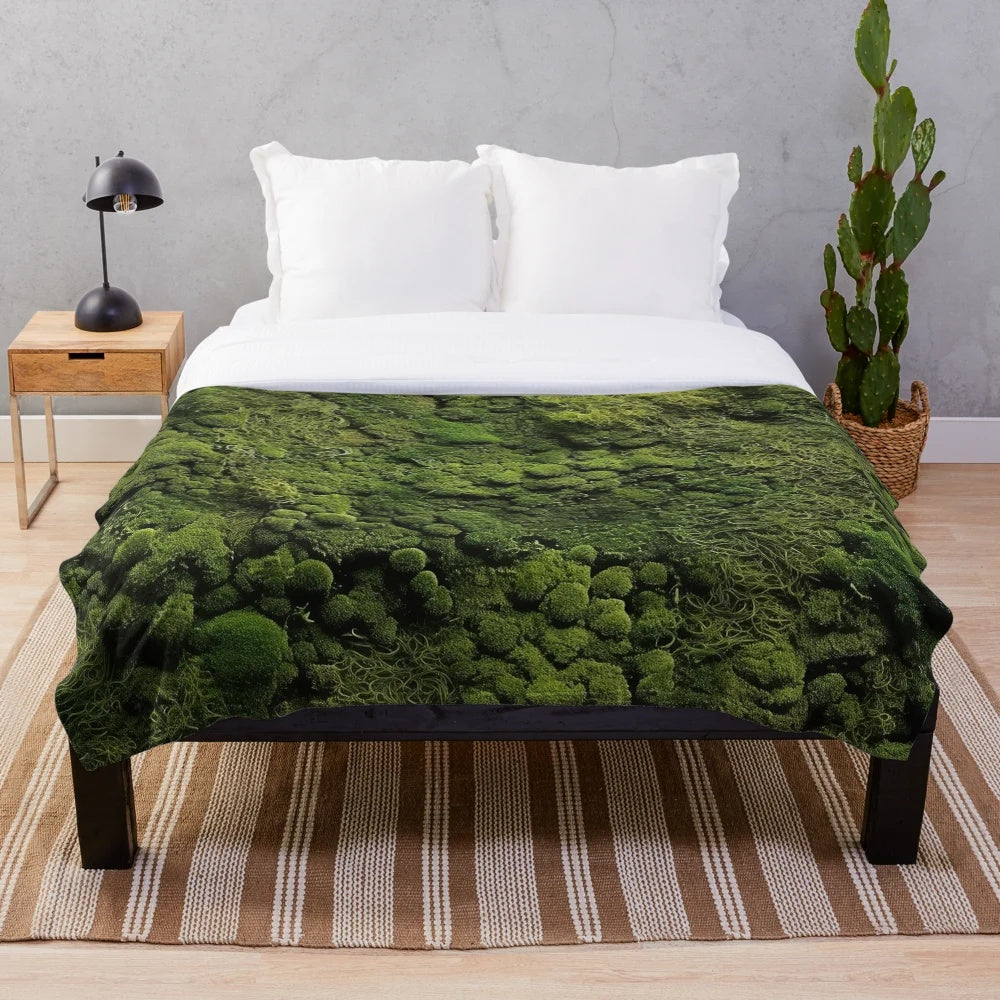 Moss pattern plush blanket with natural green texture