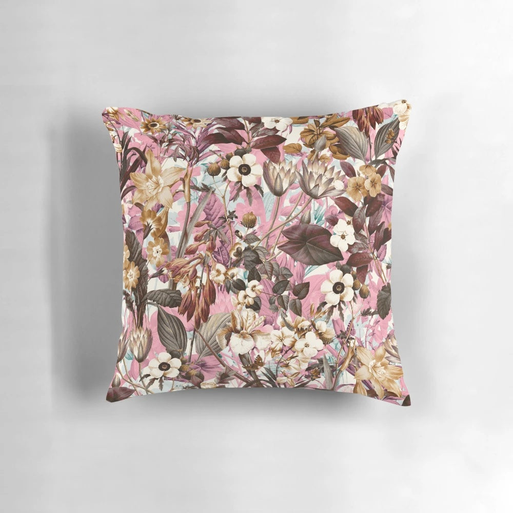 Vibrant natural summer pattern pillow with tropical botanical design