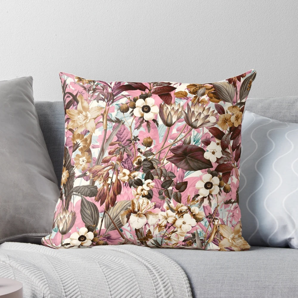 Vibrant natural summer pattern pillow with tropical botanical design