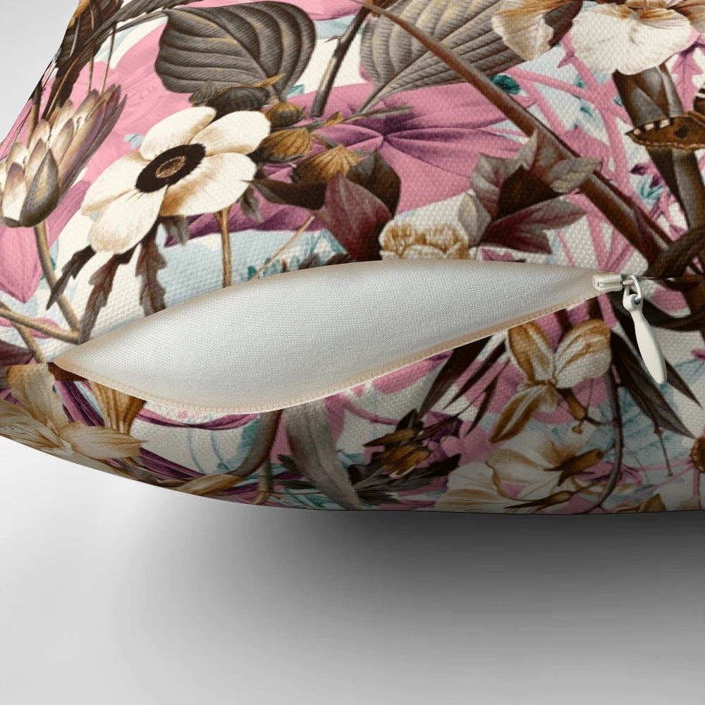 Vibrant natural summer pattern pillow with tropical botanical design
