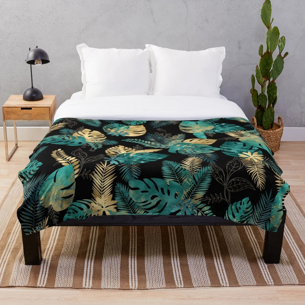Teal and gold tropical leaves plush blanket