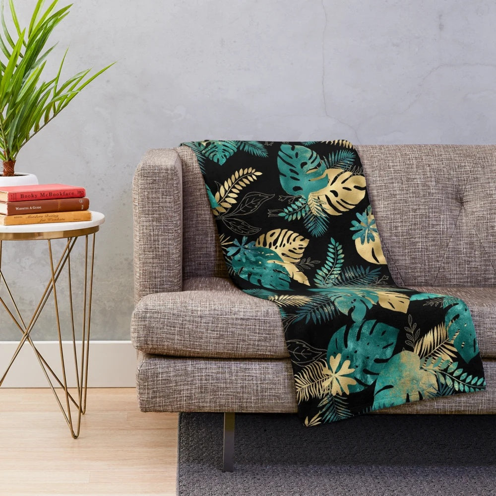 Teal and gold tropical leaves plush blanket