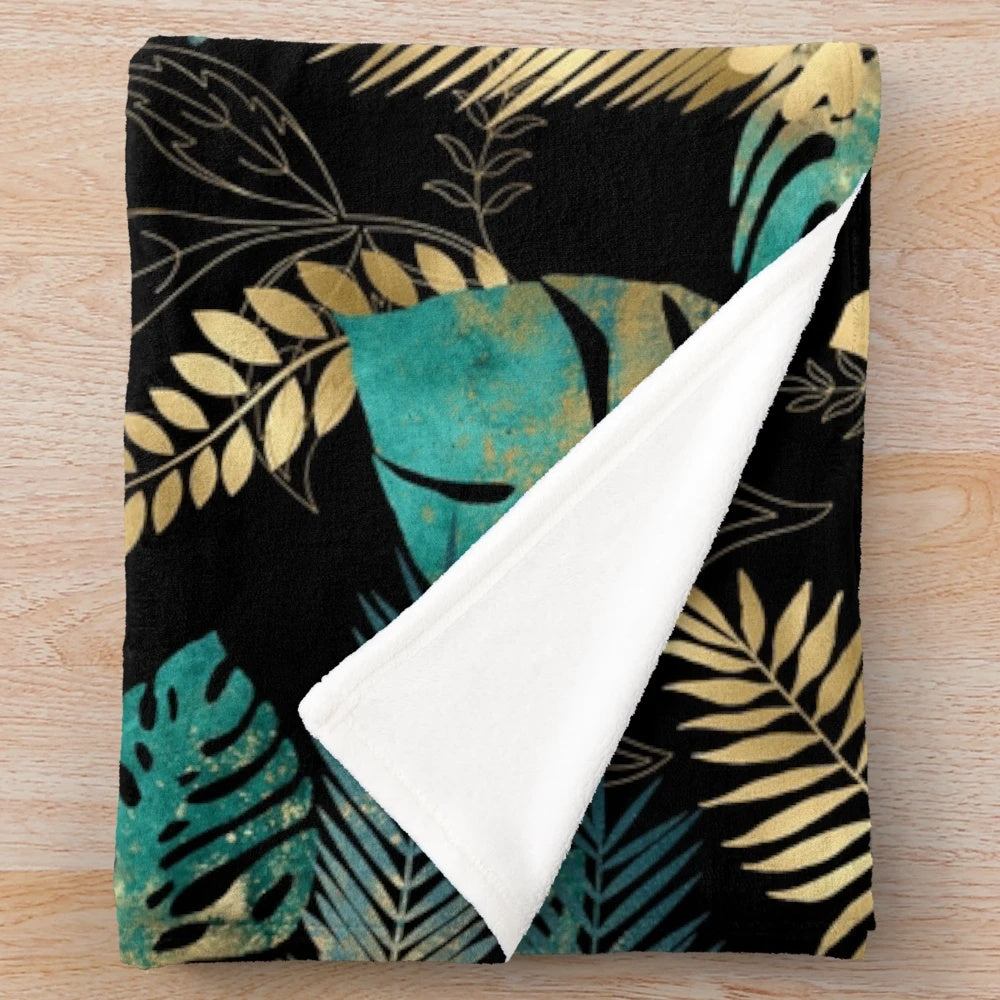 Teal and gold tropical leaves plush blanket