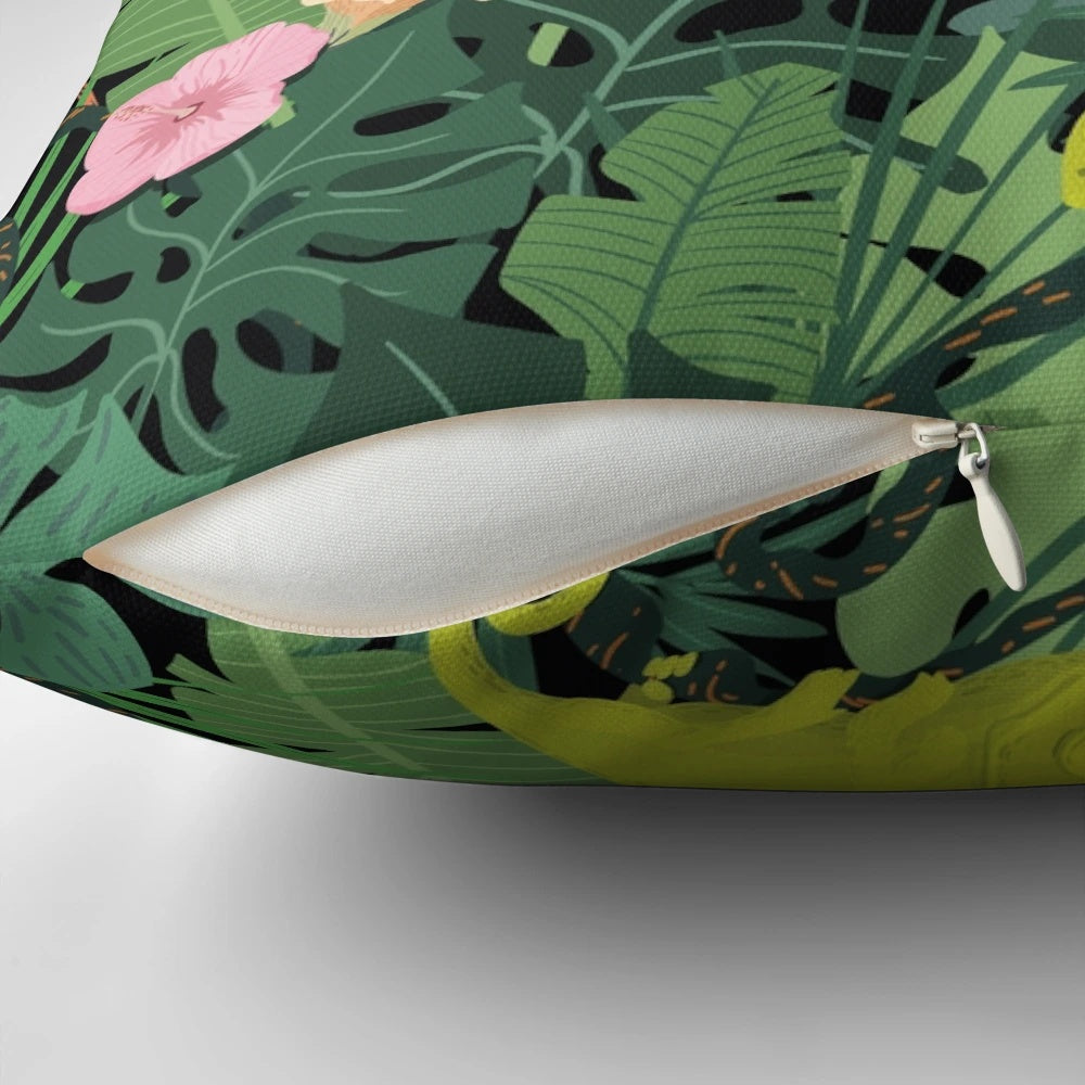 Decorative pillow featuring a vibrant tropical leaves and jungle creatures pattern in shades of green, pink, and white.